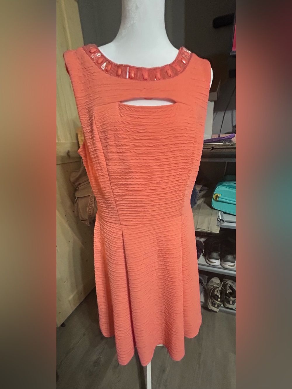 Studio One New York Coral Textured Midi Dress with Cutout Size 16